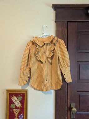 Baby Love Orange And‎ Black Stripe Blouse With Ruffle Neckline And Puff Sleeves